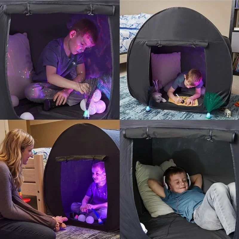 Tente sensorielle noire pour enfants autistes avec fil d’acier à haute élasticité Vitesse de pliage Ouvrir Extérieur Intérieur Maison Sûre Coin Calme