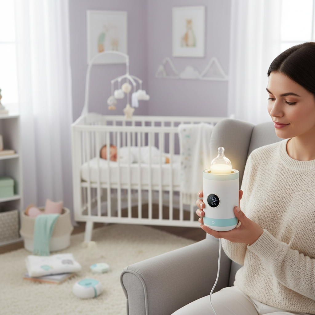 Maman utilisant un chauffe-biberon USB électrique dans une nursery — ambiance lifestyle bébé